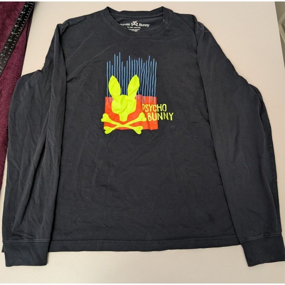 Psycho Bunny Scovill Graphic Long Sleeve Shirt Navy Blue Mens Size 7 XL Cotton